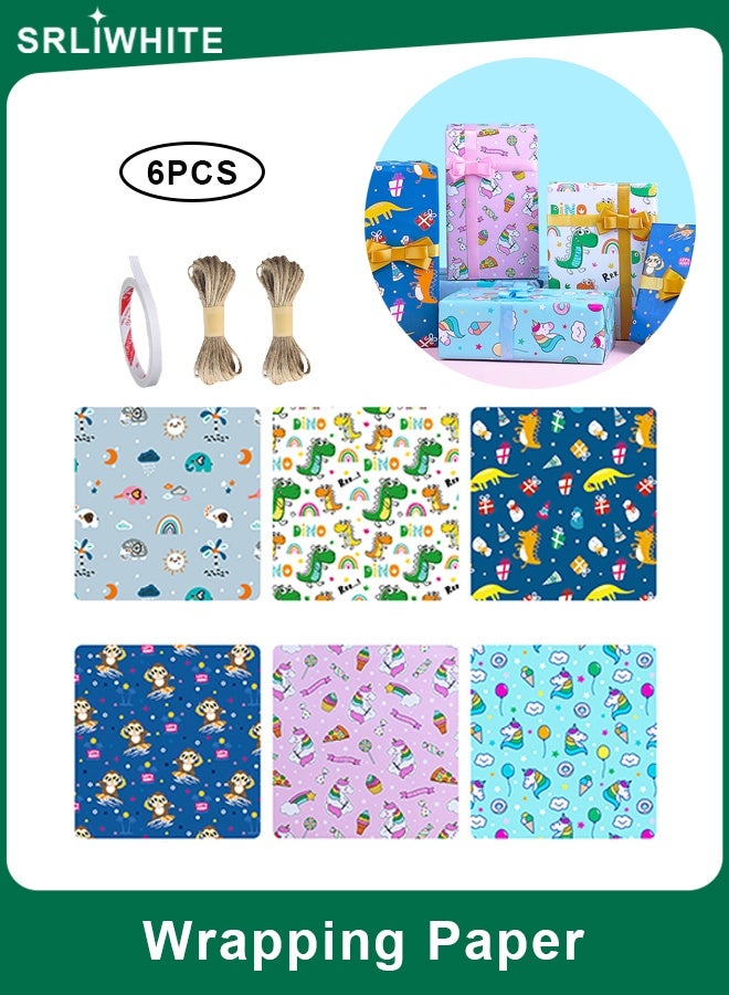 SRLIWHITE 6PCS Animal Pattern Gift Wrapping Paper Set, Multi-Color Decorative Wrap for Birthday, Holiday, Party, Wedding and Baby Shower Gifts - Image 1
